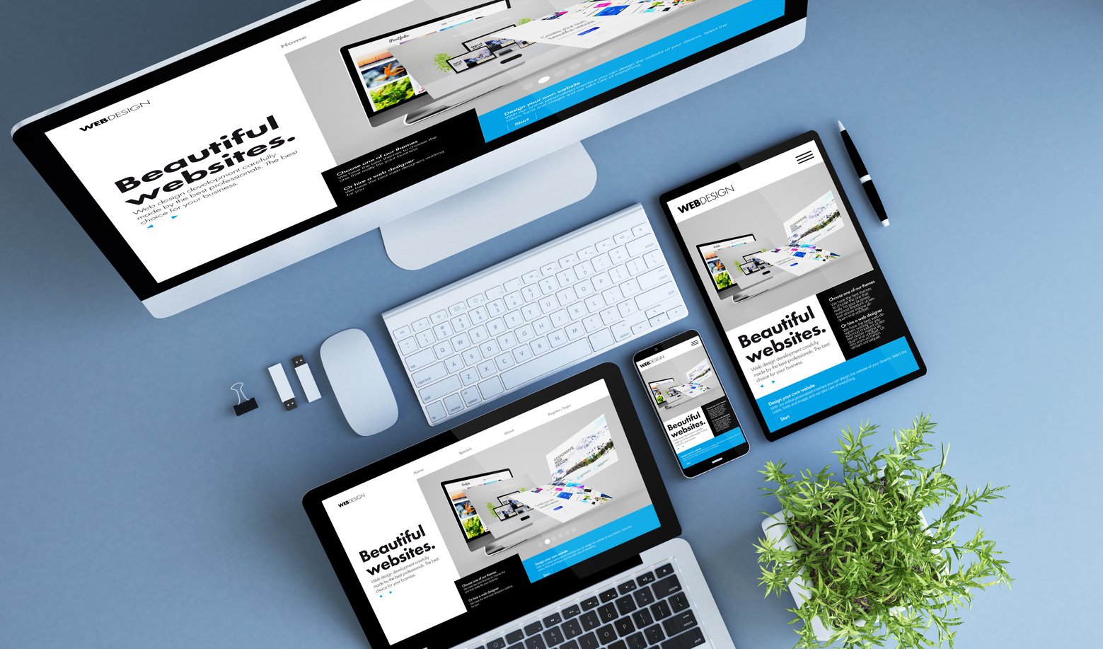 Top View Blue Devices Website Builder